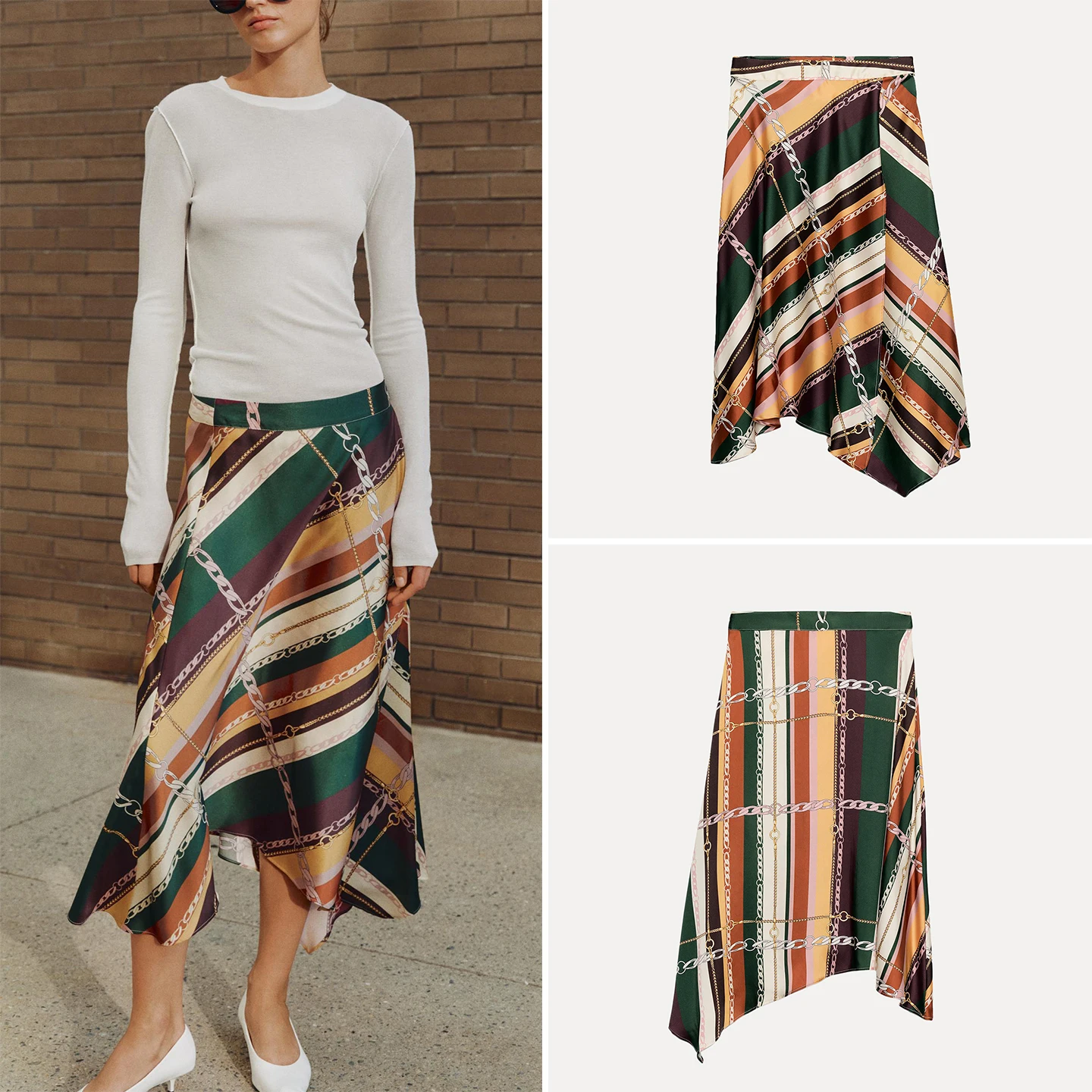Fashionable Asymmetric Print Midi Skirt Women's Autumn Wear Double Breasted Half Length Skirts High Waist Other Fabric Other ...