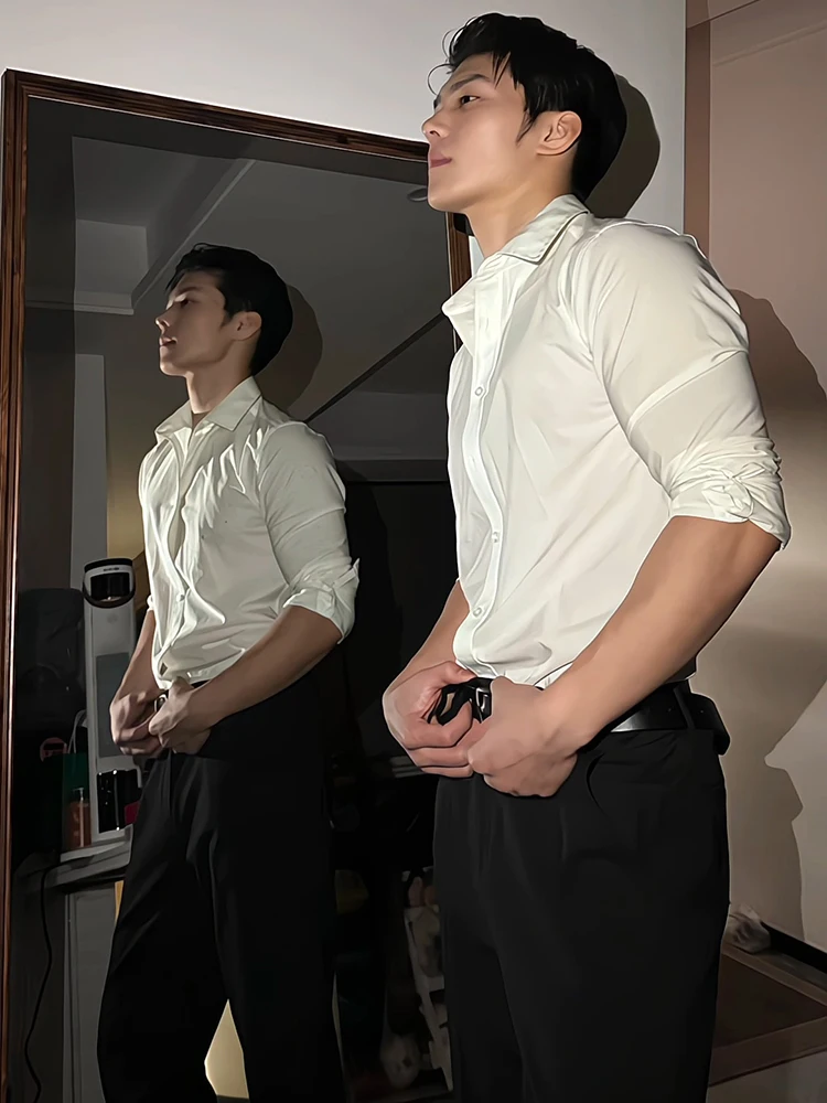 

Briti Preppy Sle Men's Long Sve irt White Fce Lined Layering Innerwear for Autumn Winter Faionable Casual Wear