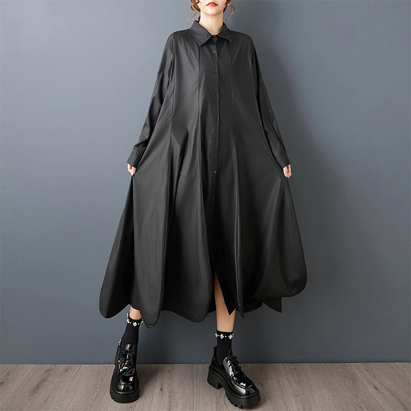 Loose Casual Midi Dr Spring New Sle k Design Sense Asymmetrical Pure Color Slimming Over-Knee Women's Cotton Dr