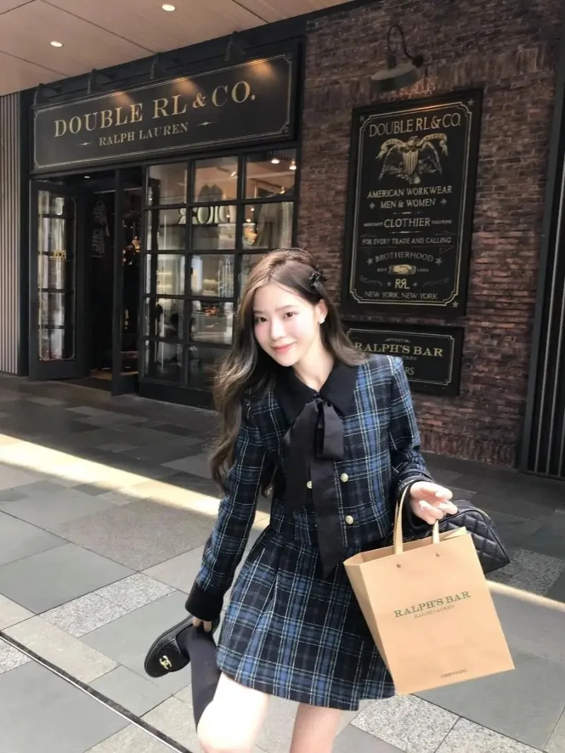 Korean Plaid Suit Women Double Breasted Coat Top Pleated Skirt Celebrity Retro Slim Fashion Autumn Female Clothes Two Piece Set