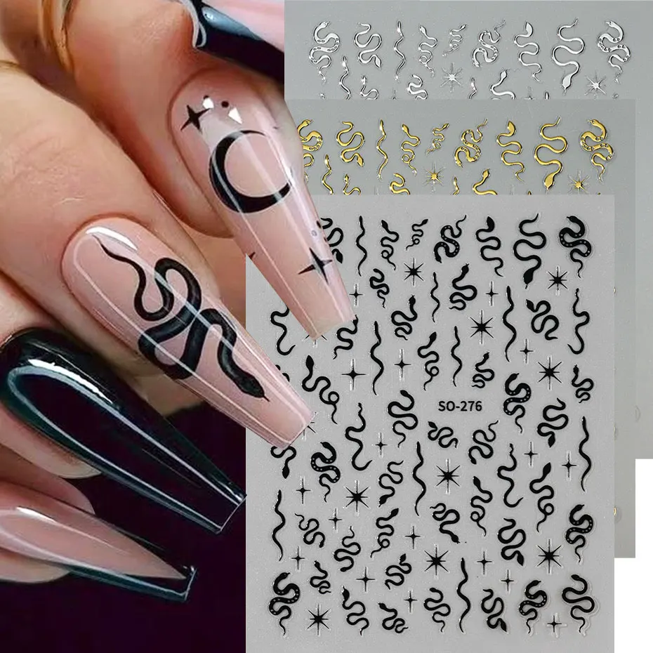 

3pcs 3D Black Snake Nail Art Stickers Punk Golden Silvery Animal Print Starlight Decals Gothic Dark Snake Year Manicure Tools