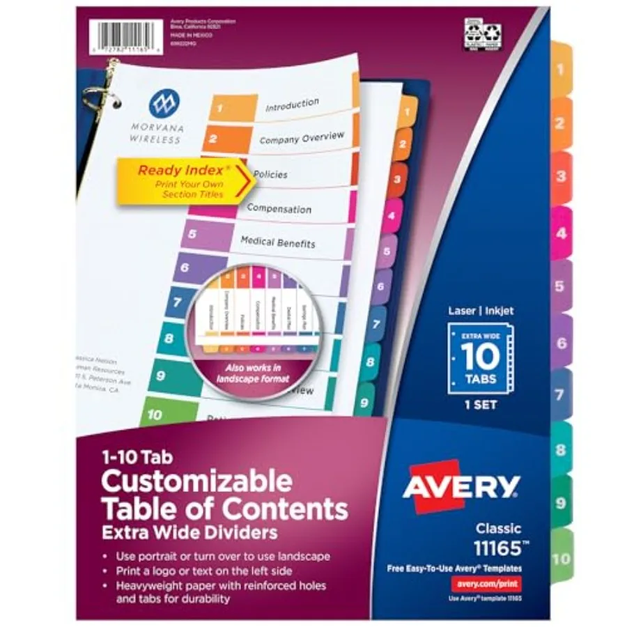 

Extra-Wide Dividers for 3 Ring Binders, 10 Tabs per Set, Customizable Table of Contents, Multicolor Tabs, Works Great with Shee