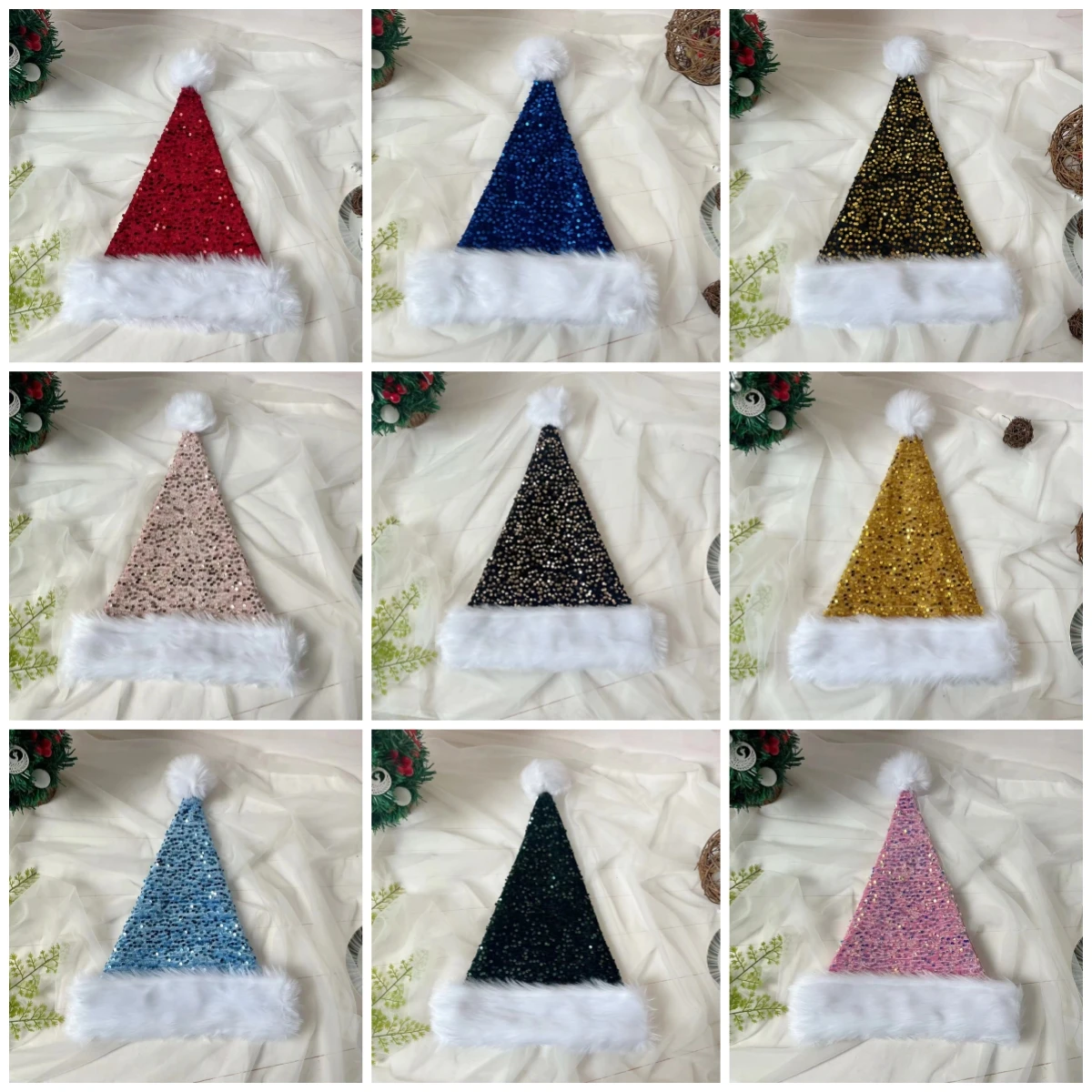 

31*47cm Colorful Atmosphere Hat Christmas Sequin Hat for Adults Solid Color Sparkle Santa Cap Party Christmas Home Decor
