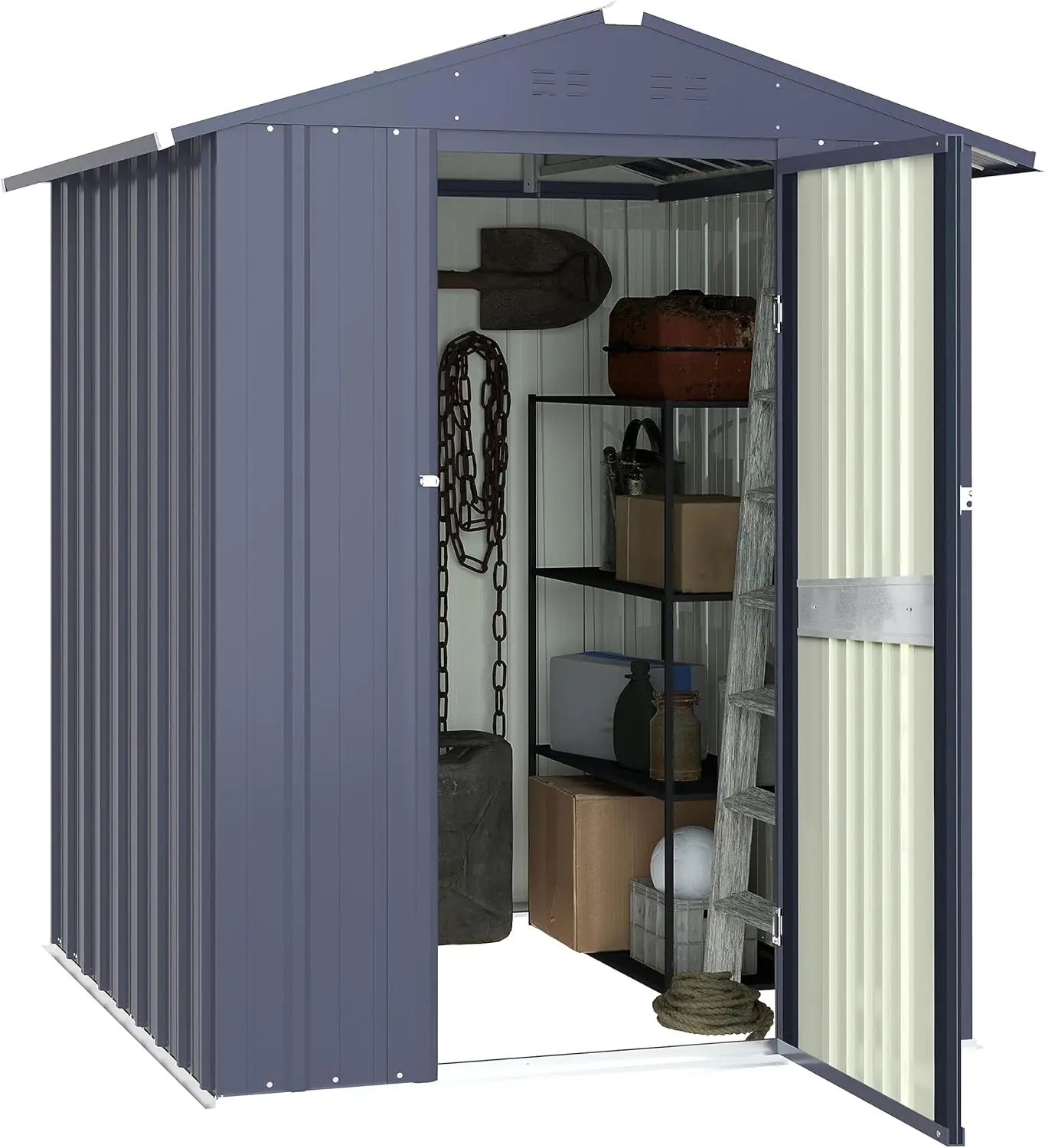 Grey Galvanized Metal Outdoor Storage Shed for Backyard and Lawn with Double Slooping Roof, Lockable Door and Vents