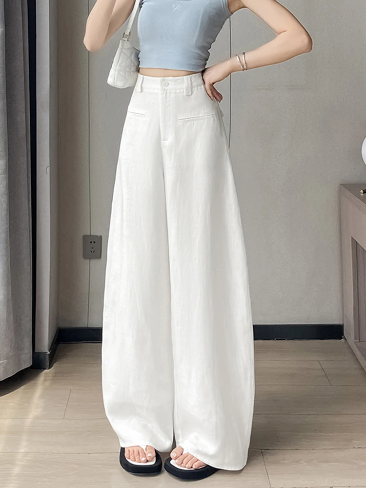 

High Waist Ice Silk Linen Wide Leg Casual Pants Women Summer New Sle Loose Fit Trousers Straight Cut Pants Button Closure