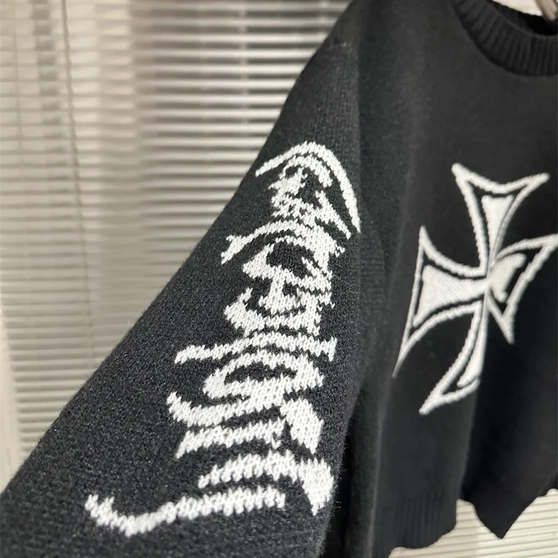 Suéter negro de cuello redondo de Jacquard de gran tamaño de High Street para hombres y mujeres suéter de punto grueso cálido informal Grailz Project G/R