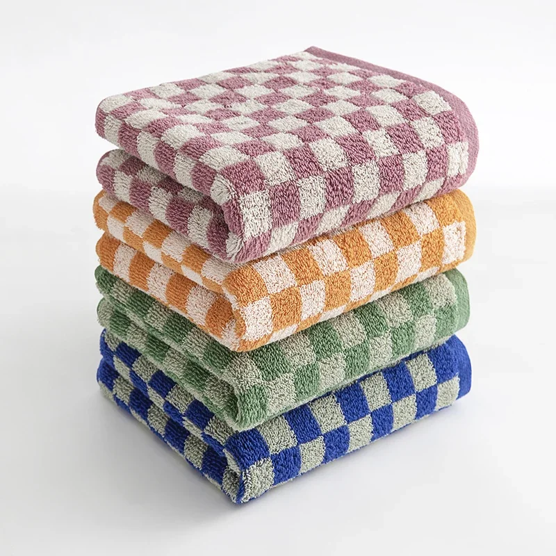 Plaid Cotton Bath Towels Set Soft Absorbent Daily Cleansing Face Hand Towel Set Patterned Lightweight Towel for Bathroom