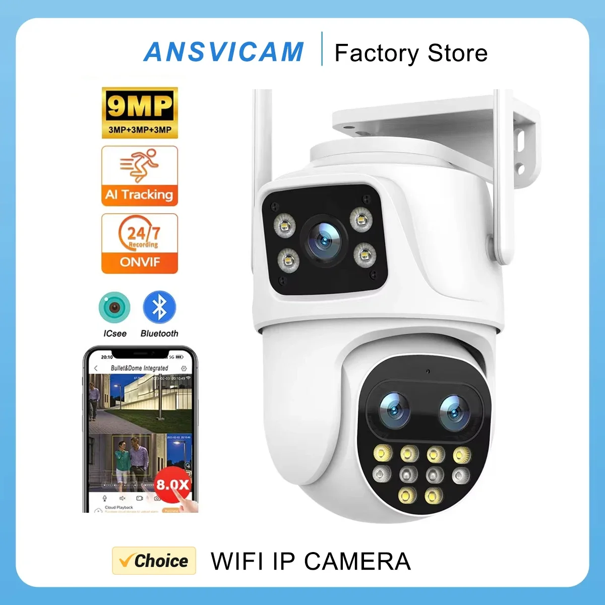 

4K 9MP IP Camera WiFi Three Lens 8X Zoom Outdoor Dual Screen PTZ CCTV Video Surveillance Security Protection Auto Tracking Icsee