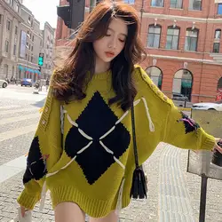 Korean Streetwear Fashion Loose Geometric Oversized Sweaters Women Clothing Winter Warm O-Neck Long Sleeve Pullovers Knitted Top