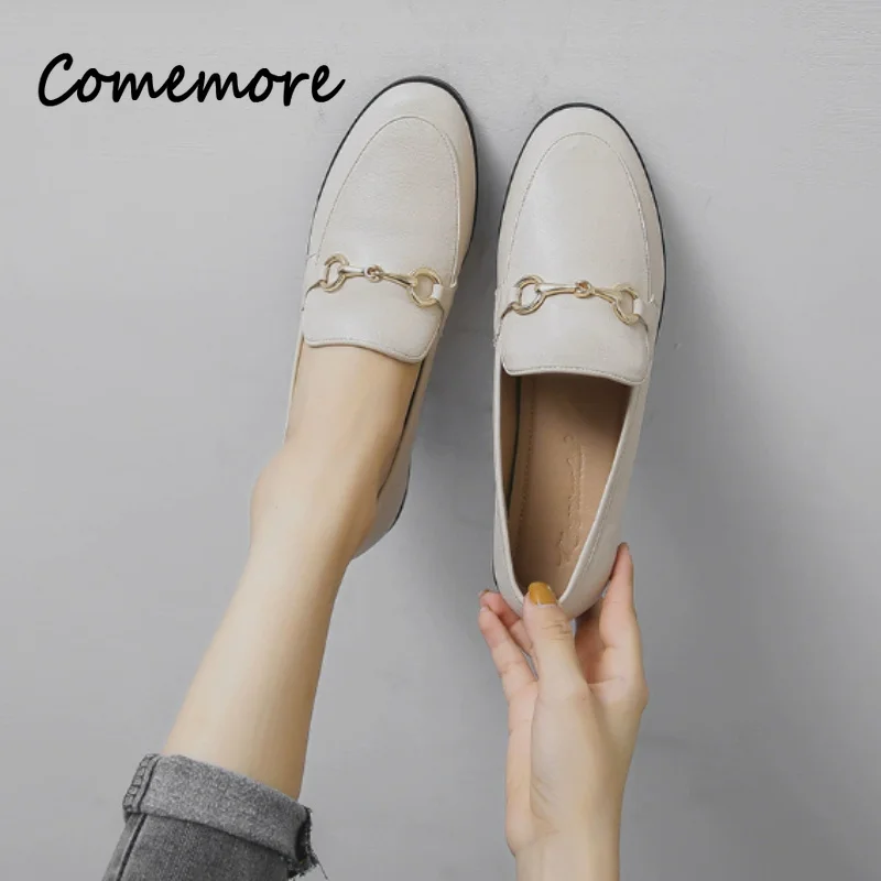 Comemore 2026 Spring Women Slip on Loafer Spring Fashion Ladies British Metal Flat Shoes Pumps Female Green Casual Leather Flats view 5