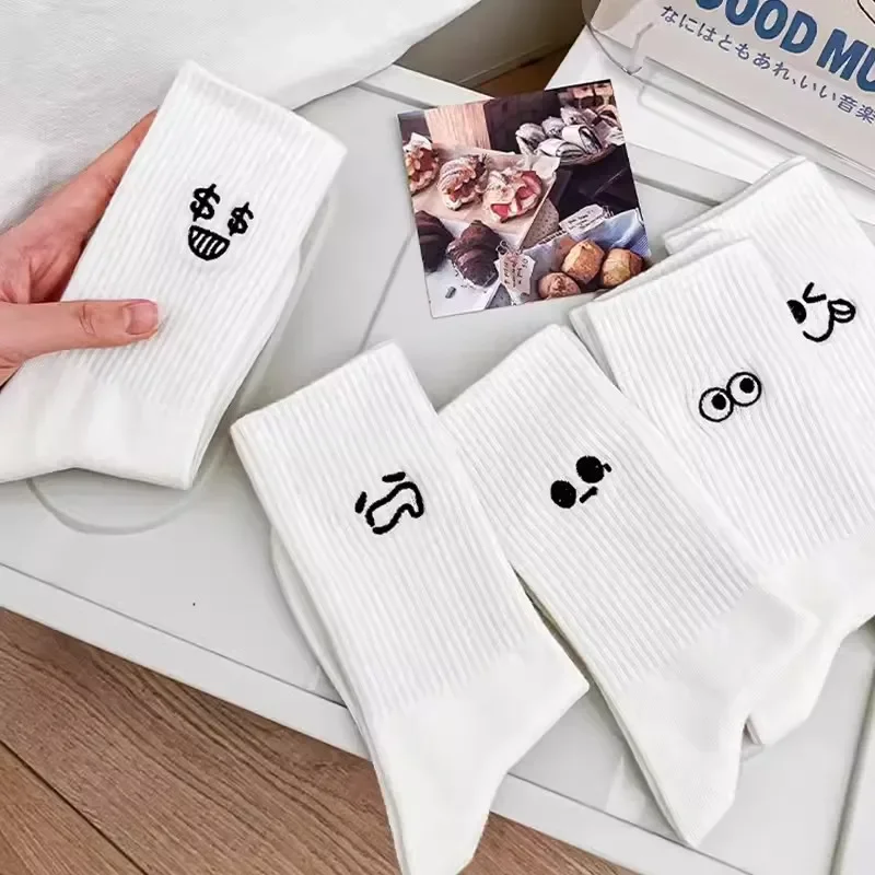 5Pairs Middle Tube Men Socks Set White Solid Cartoon Graphic Pattern Fashion Breathable for Male Style Casual Comfortable Socks