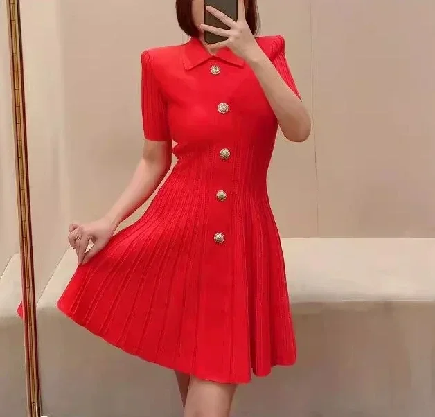 

2024 summer new polo collar ladies slim knitted dress French style waist A-line mini dress