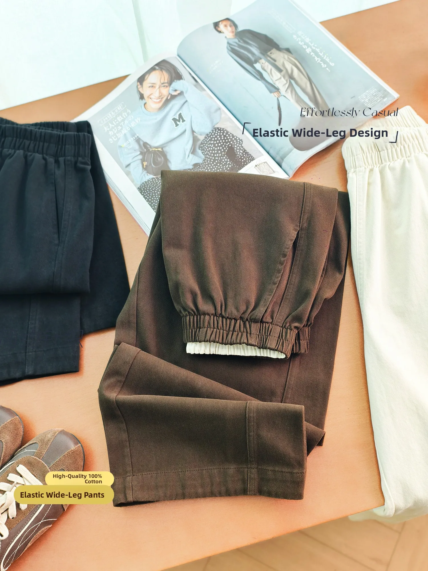 Loose Casual Pants Women Elastic Waist Arc Pattern 100 Cotton Inner Fitting Trousers Ladies Spring Season China Made