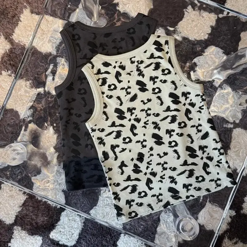 Korean Childrens Clothing Vest for Boys and Girls in Summer 2025 New Style Leopard Print Slim Fit Sleeveless Top