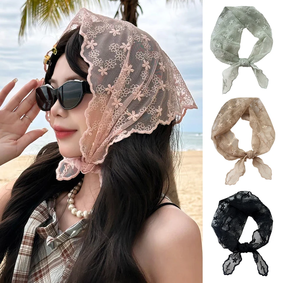 Embroidered Sheer Lace Headband Hair Scarf Lightweight Chic Y2K Boho Wrap Floerns Women main image 2