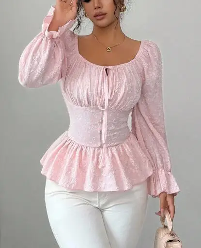 

Women's Top 2025 Autumn/winter 2025 New U-Neck Lace Up Long Sleeved Top Sexy Waist Cinching Elegant Commuter Top