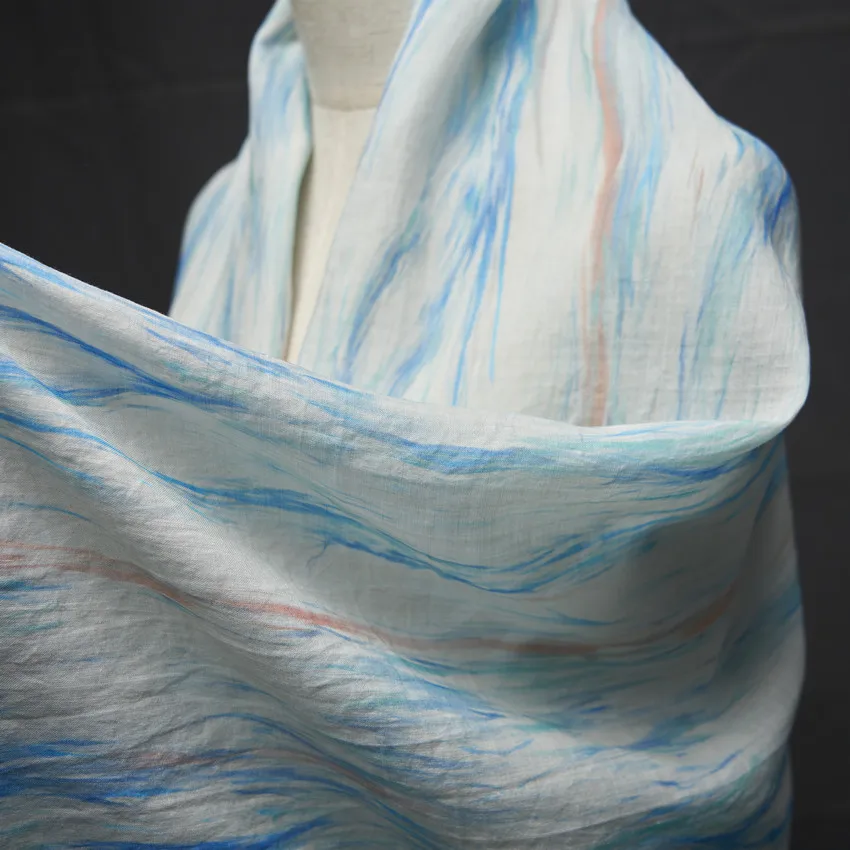 

1yard ramie fabric for material Blue orange printing digital printing tissu Shirt dress robe high end designer fabric