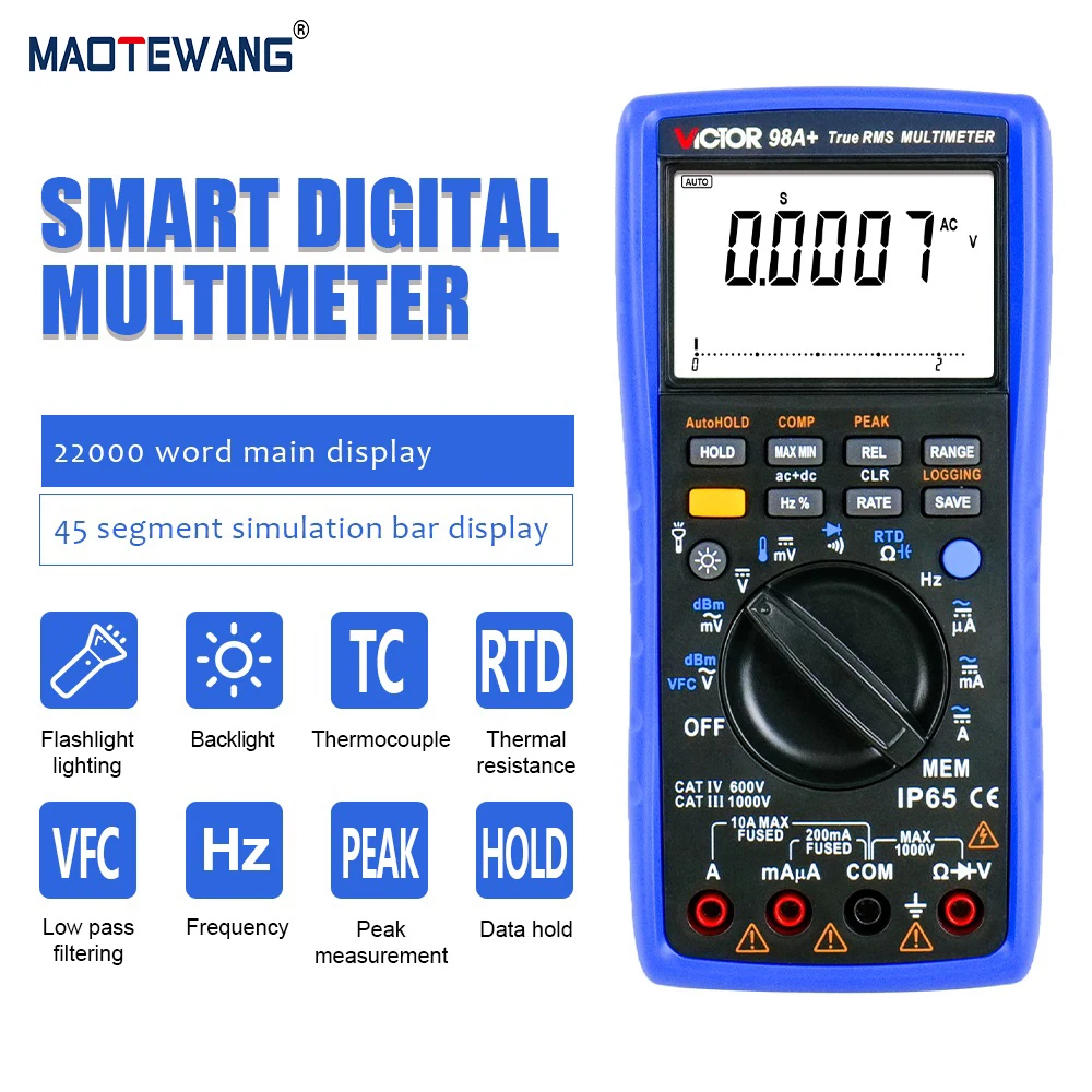 Handled 98A Multimeter TRUE RMS 22000 Counts RTD PT100 Thermocouple Tester LCD Backlight AC/DC Current Voltage Ohm Voltmeter