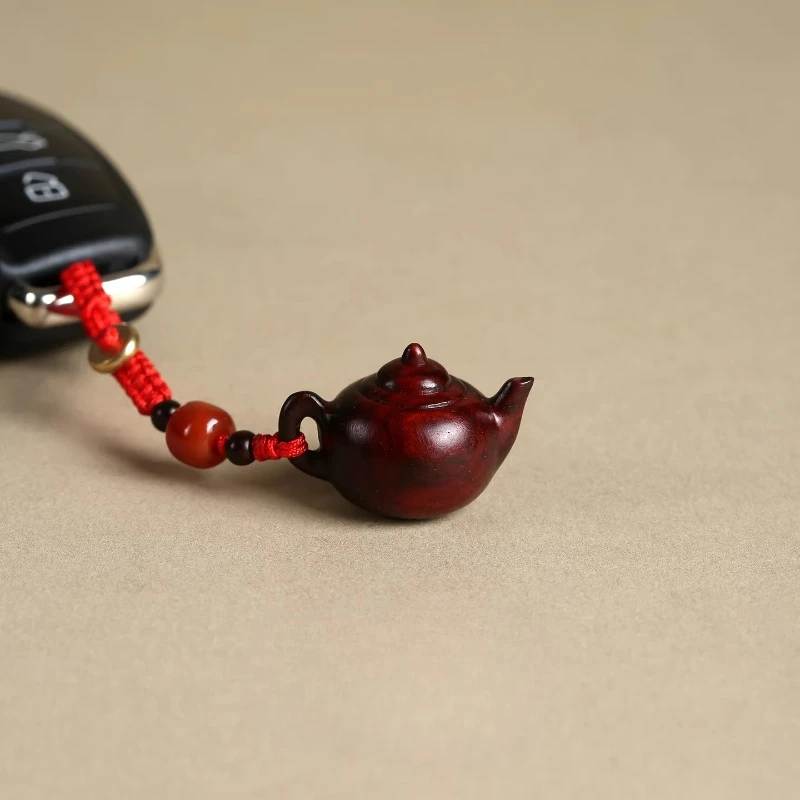 Small Leaf Red Sandalwood Teapot Pendant Creative Cute Keychain Phone Bag USB Flash Drive Hanging Ornament Gifts