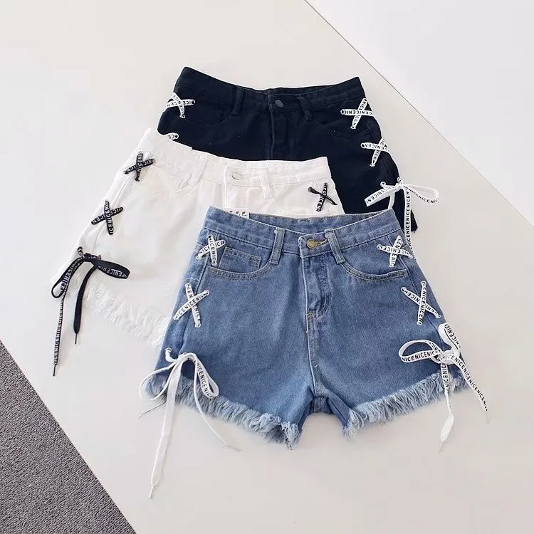 

Summer Fashion Streetwear Ladies Distressed High Waist Ripped Booty Fringed Lace Up Tassel Women Denim Jean Shorts