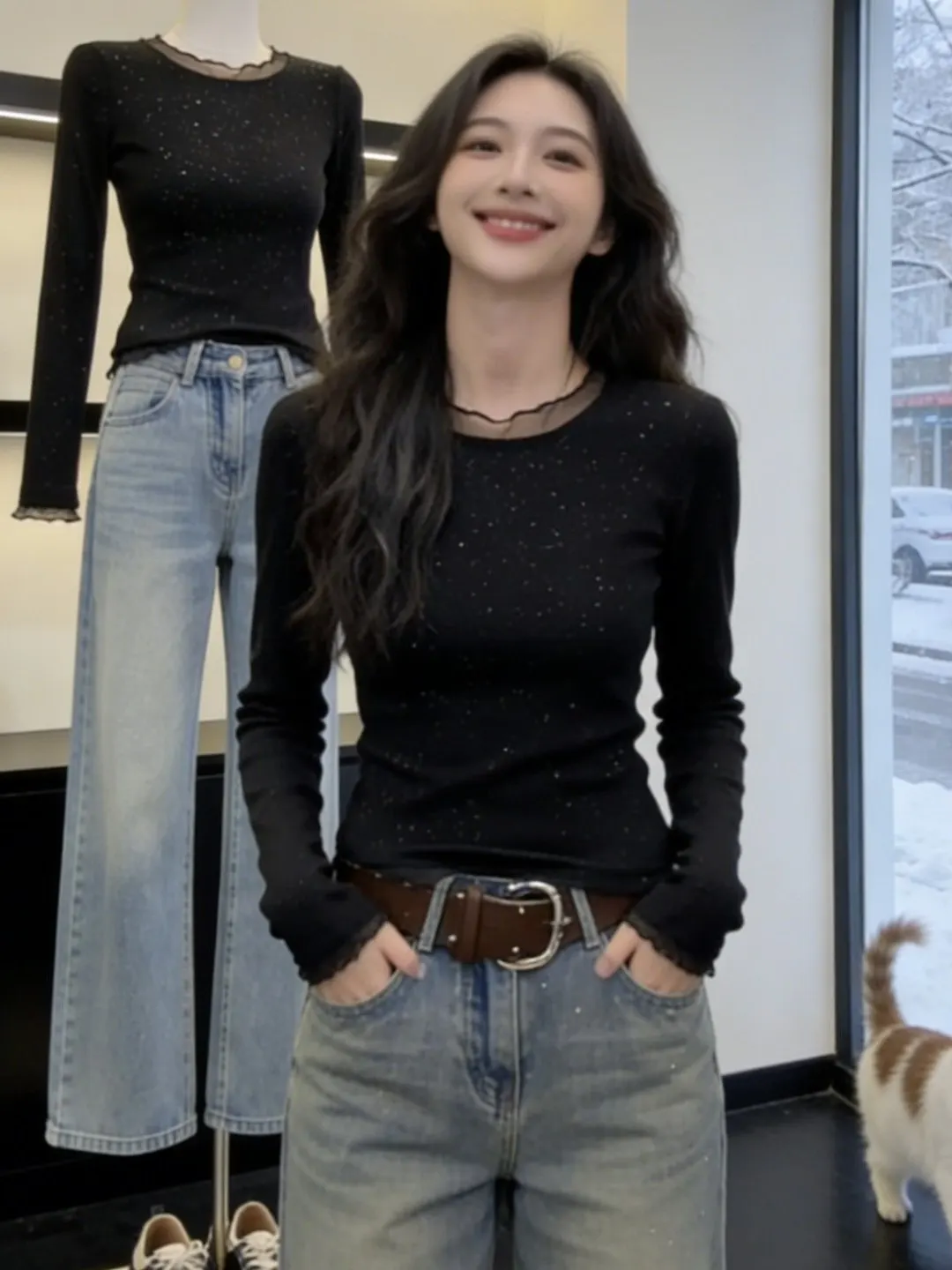 

Ele Bla iny Women's Long Sve Base irt Winter plus Size Fce Lined Fluffy Commute Sle Korean Version Slim Fit