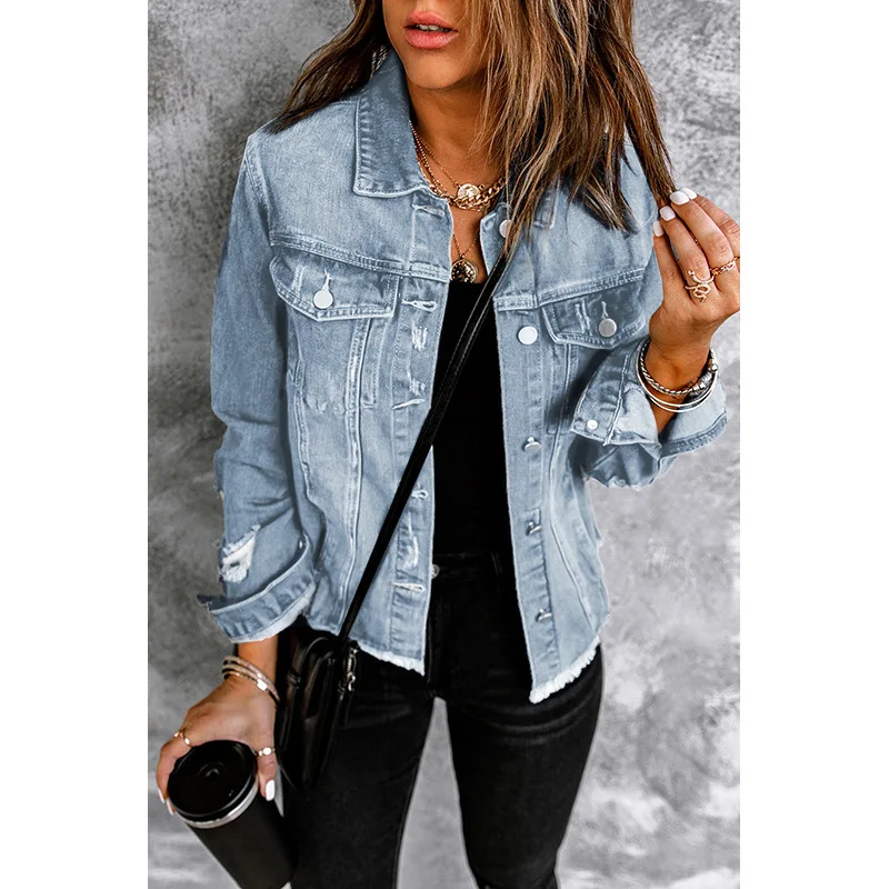 

Women's Solid Color Denim Cardigan Jacket Autumn Winter Lapel Single Row Multi-Button Washed Style