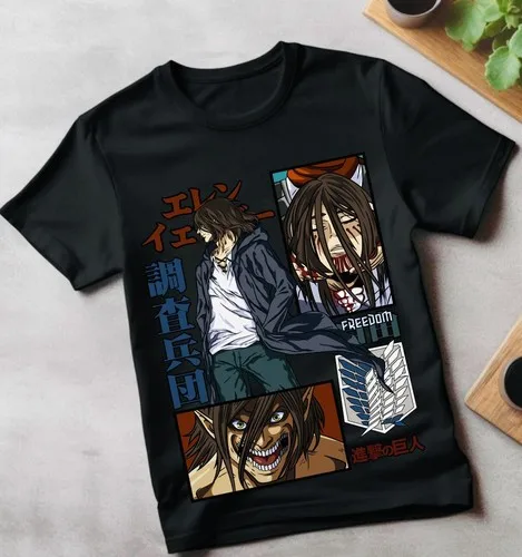 Camiseta Eren Yeager Shingeki No Kyojin Attack on Titan, camiseta negra, todas las tallas