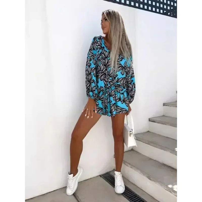 New V-neck long sleeved printed waistband short jumpsuit showcasing personal charm womens clothing