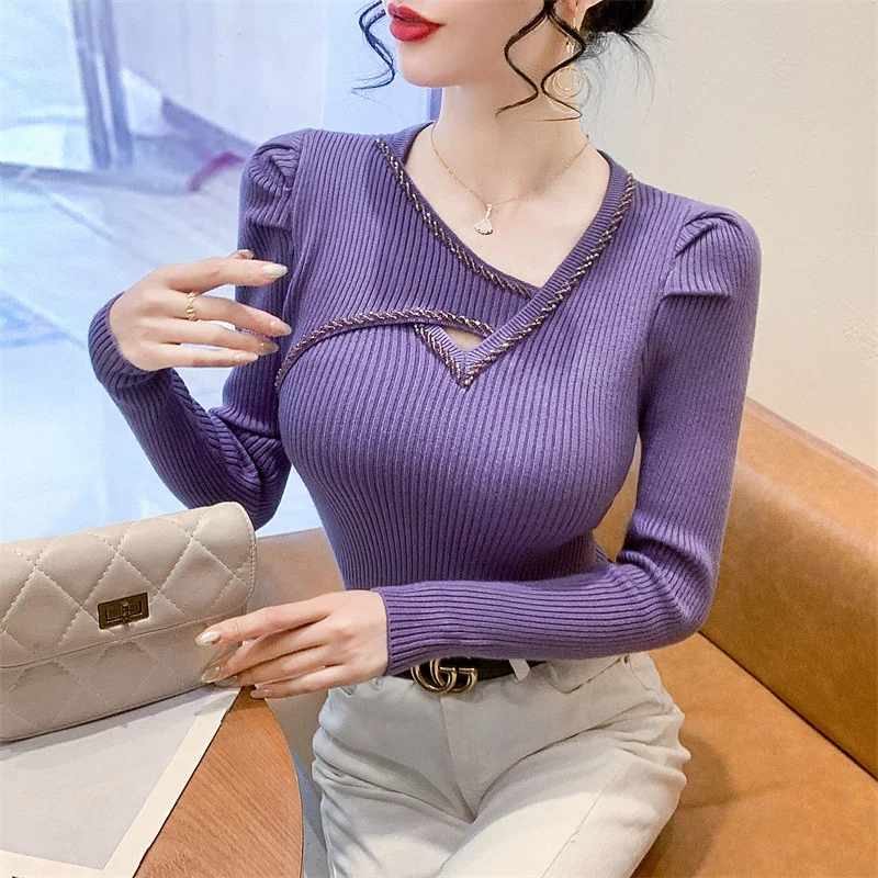 

2025 New Spring Autumn Nail Drill Sweater Slim Versatile Puff Sleeve Hollow Base Long-sleeved Top