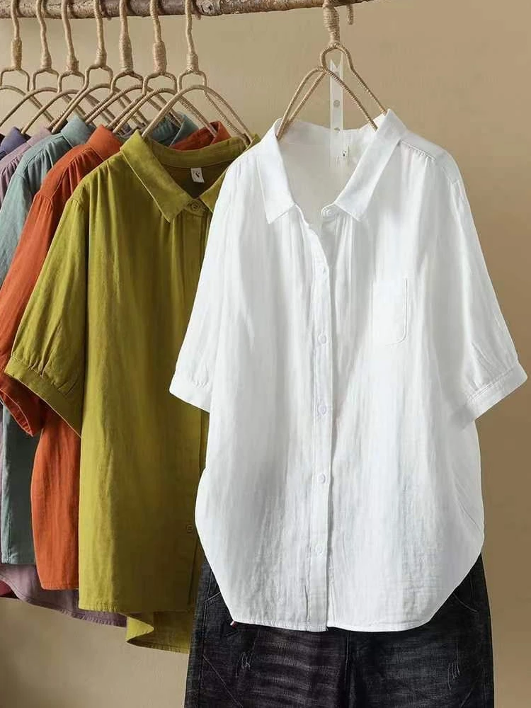 

Summer 2023 Breathable Comfortable Collar Loose Short Sleeve Casual Thin Artistic Shirt Pure Color Women's Fashion Shirt