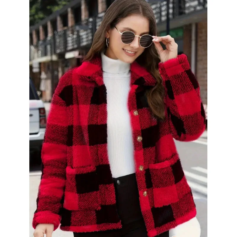 Dámské plyšové bundy s kostkovaným potiskem, svrchní oblečení, silné teplé, jednořadé, s odnímatelným límcem, kabát, kancelářské bundy, podzimní a zimní - náhled 3