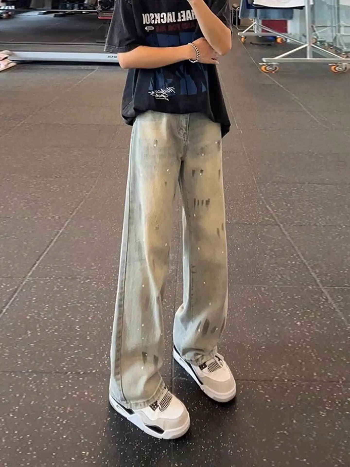 American Graffiti Dye  Paw Print Jeans Men's Vintage Straight Leg Wide Leg Pants Casual Wear Summer Youth Popular