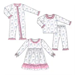 Fashion hot sale sister suit bowknot print girl boutique long sleeve pants suit girl dress baby onesie