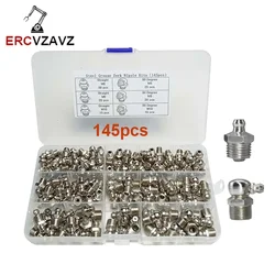 145pcs M6 M8 M10 Straight and 90 Degree Steel Zerk Fitting Grease Nipple Fittings Assortment Kit for Car Excavator Grease Gun