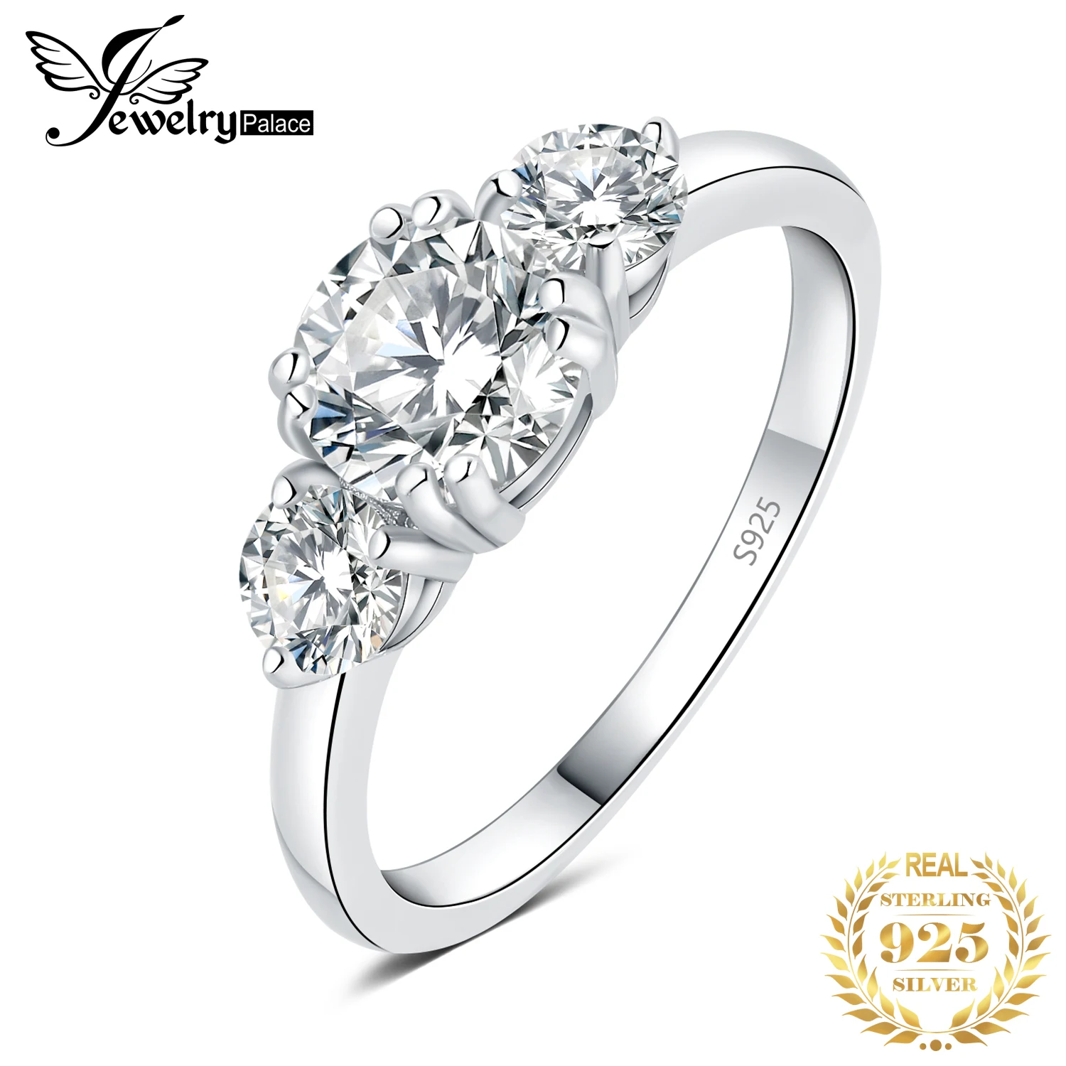 

JewelryPalace 5A CZ 3 Stone Classic Design 925 Sterling Silver Wedding Engagement Band Ring for Woman Fashion Fine Jewelry