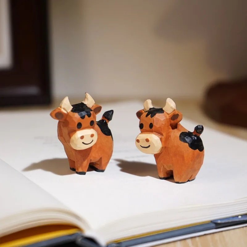 1 PC Brown Cattle Hand Carved Wooden Sculpture Adorable Bovine Figurines Chinese Zodiac Ox Year Birthday Gift Handmade Ornament