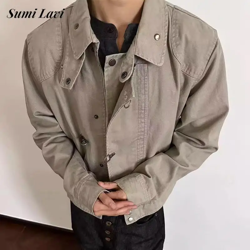 2026 Spring Fall Mens Fashionable Crop Coats Vintage Solid Color Buttoned Lapel Short Jacket Coat Men Casual Slim Fit Outerwear