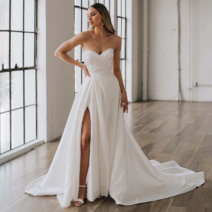 

Graceful A-line High Slit Backless Sleeveless Bride Gown Sweetheart Neck Satin Zipper Wedding Dresses for Women robe de mariée