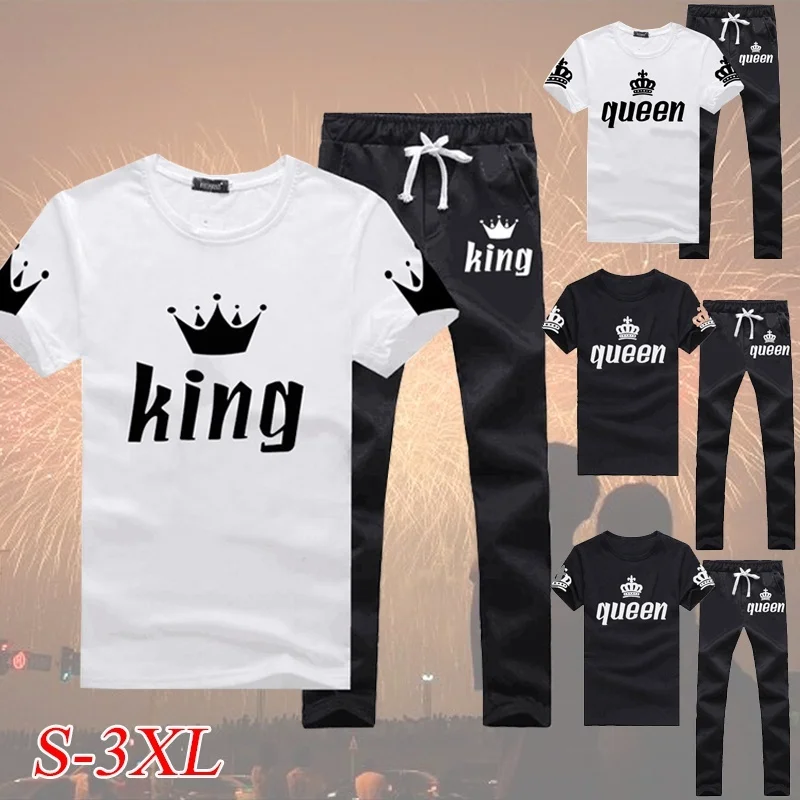 Bababuy King Queen Lovers Couple Matching Set Short Sleeve T-Shirt and Sweatpants Trousers Men Women Casual Tracksuits