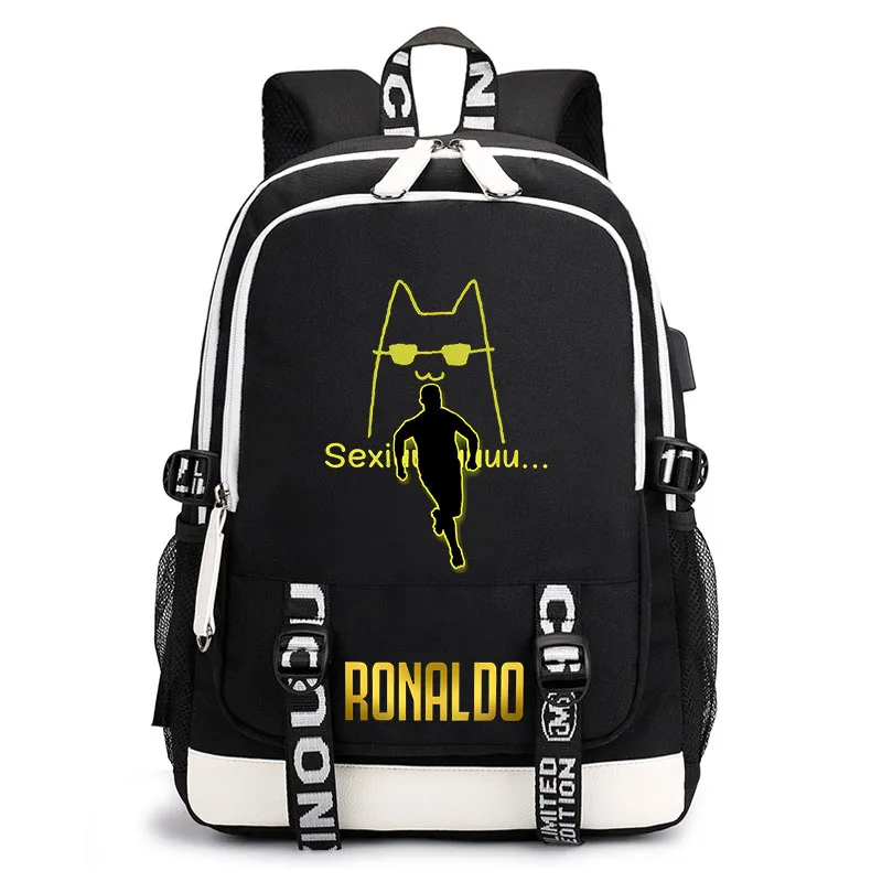 Ronaldo backpack football player peripheral printing student schoolbag usb travel bag children\'s bag personality casual bag