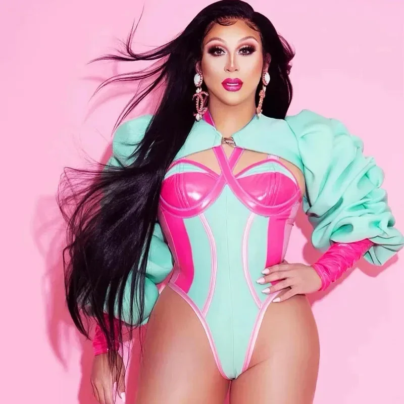 Różowo-zielony kombinezon z wstawkami + top z bufiastymi rękawami, kostium na nocny klub, bar, dla piosenkarki, drag queen, występ taneczny, impreza, rave.