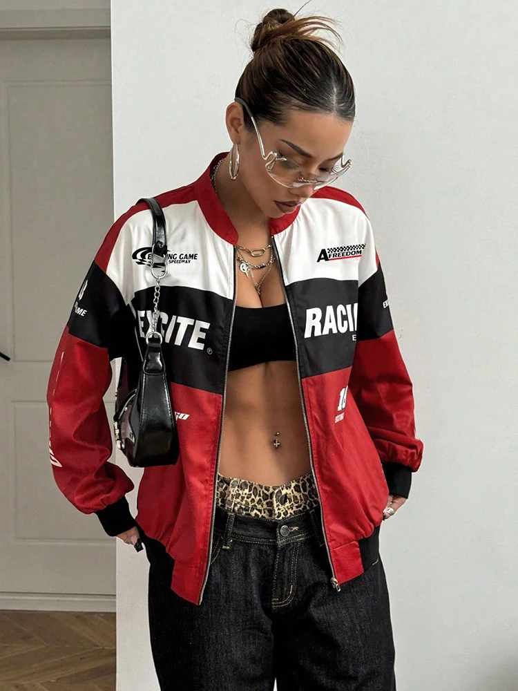 Spring/Autumn Varsity Jacket Tops Women Long Sleeve Racing Bomber Letterman Jackets Color Block Y2k Outerwear Vintage Streetwear