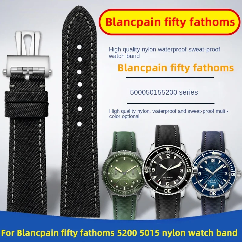 

23mm High Quality Watch Band for Blancpain fifty Fathoms Special 5000 Watch Band 5100 Green Nylon Cowhide 5200 Butterfly Buckle