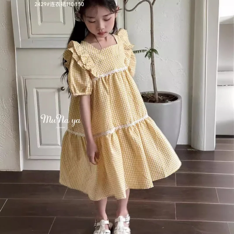 Vestido de comprimento médio com manga puff para meninas, vestido de princesa de comprimento médio, doce, novo verão 2024