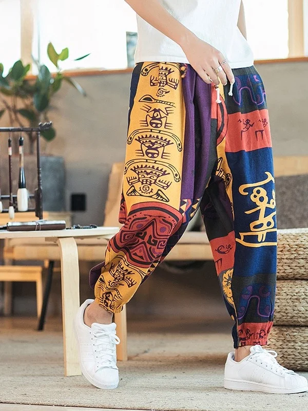 

Summer Large Size Linen Print Nine-Piece Pants Men's Wide Leg Lantern Casual Harlan Cotton Linen Loose-Fit Youth Active Sle