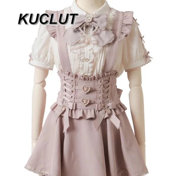 Fashion Love Button Ribbon Strap Skirt Detachable Strap Japanese Style Casual Short High Waist Skirts for Women 2025 New