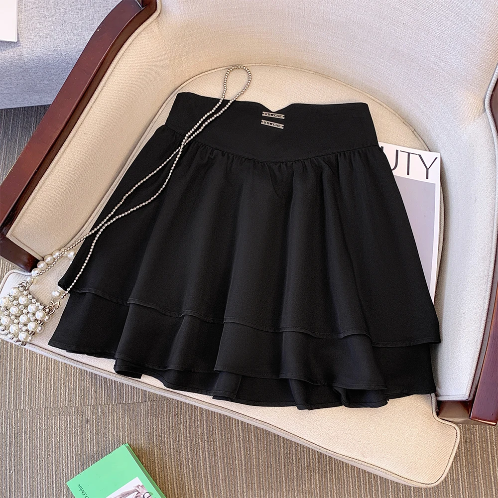 Plus-size women's summer casual commuting loose comfortable skirt Black A-line high waist elastic waist pleated short skirt big