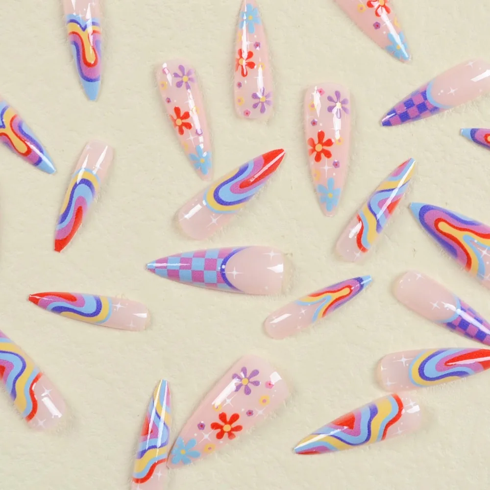 Faux Ongles en Forme d'Amande pour Halloween, Ensemble Complet avec Poignées Amovibles, Ligne Arc-en-ciel, DIY, 24 Pièces