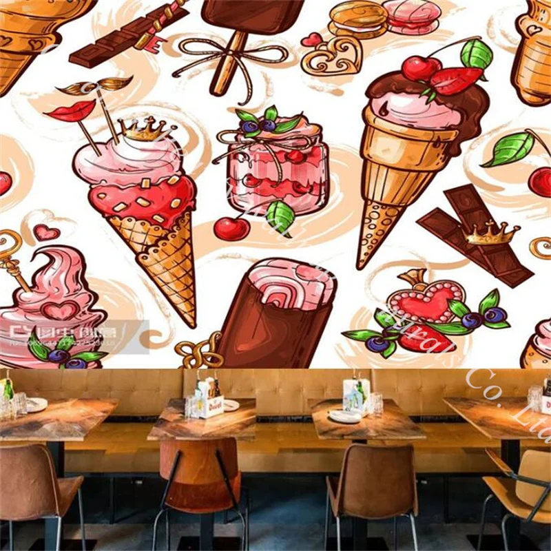 Various Types of Icecream Cartoon 3d Wallpaper for Ice Cream Cold Drinking Bar Milk Tea Shop Background Wall Mural Wall Paper