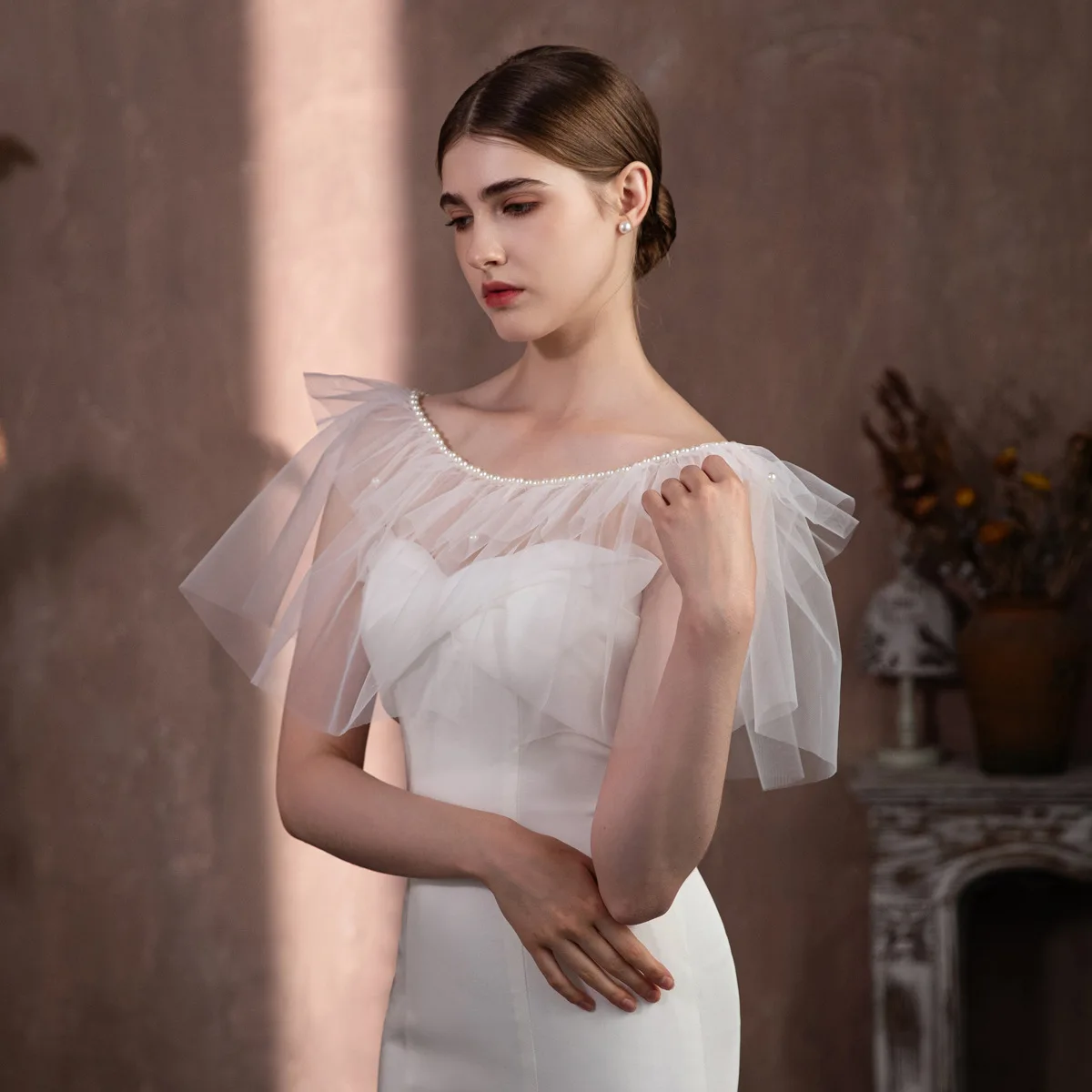 SLBRIDAL Eleganter Weißer Spitzenblumen-Brautschultertuch Hochzeitsschleier Hochzeitszubehör für Braut Hochzeit Damen – Detail 5